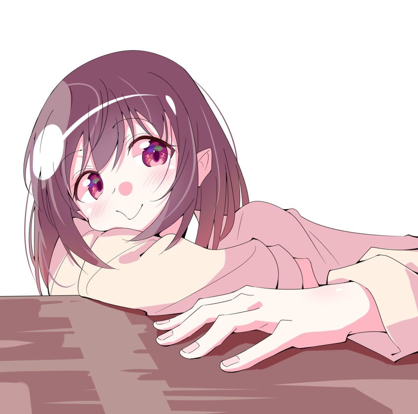 anzu_nanaki arms_on_table brown_hair head_on_arm head_rest highres light_blush long_sleeves medium_hair red_eyes saki_(manga) shinohayu_the_dawn_of_age shiratsuki_shino sweater table white_background