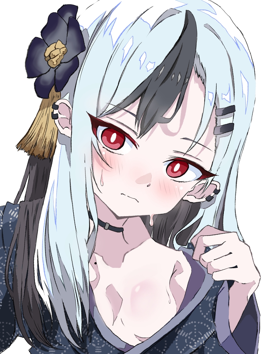 1girl absurdres amanotti_01 black_choker black_hair black_kimono blue_archive blush breasts choker closed_mouth collarbone commentary_request ear_piercing flower furisode hair_flower hair_ornament hairclip hairpin highres japanese_clothes kayoko_(blue_archive) kayoko_(new_year)_(blue_archive) kimono long_hair looking_at_viewer mole mole_on_collarbone multicolored_hair official_alternate_costume official_alternate_hairstyle piercing red_eyes small_breasts solo streaked_hair sweat swept_bangs white_hair yukata
