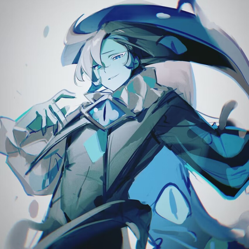 1boy aqua_eyes asymmetrical_sleeves black_bodysuit blue_brooch blue_eyes blue_skin bodysuit bright_pupils brooch chromatic_aberration colored_eyelashes colored_skin cookie_run cookie_run:_kingdom covered_navel cowboy_shot extra_eyes frilled_sleeves frills grin hand_up hat heterochromia highres humanization jester_cap jewelry long_sleeves looking_at_viewer male_focus mismatched_eyelashes mismatched_pupils mismatched_sleeves neck_ruff puffy_long_sleeves puffy_sleeves senlly_2507 shadow_milk_cookie simple_background slit_pupils smile solo striped_clothes two-sided_fabric vertical-striped_clothes vignetting white_background white_hair white_pupils