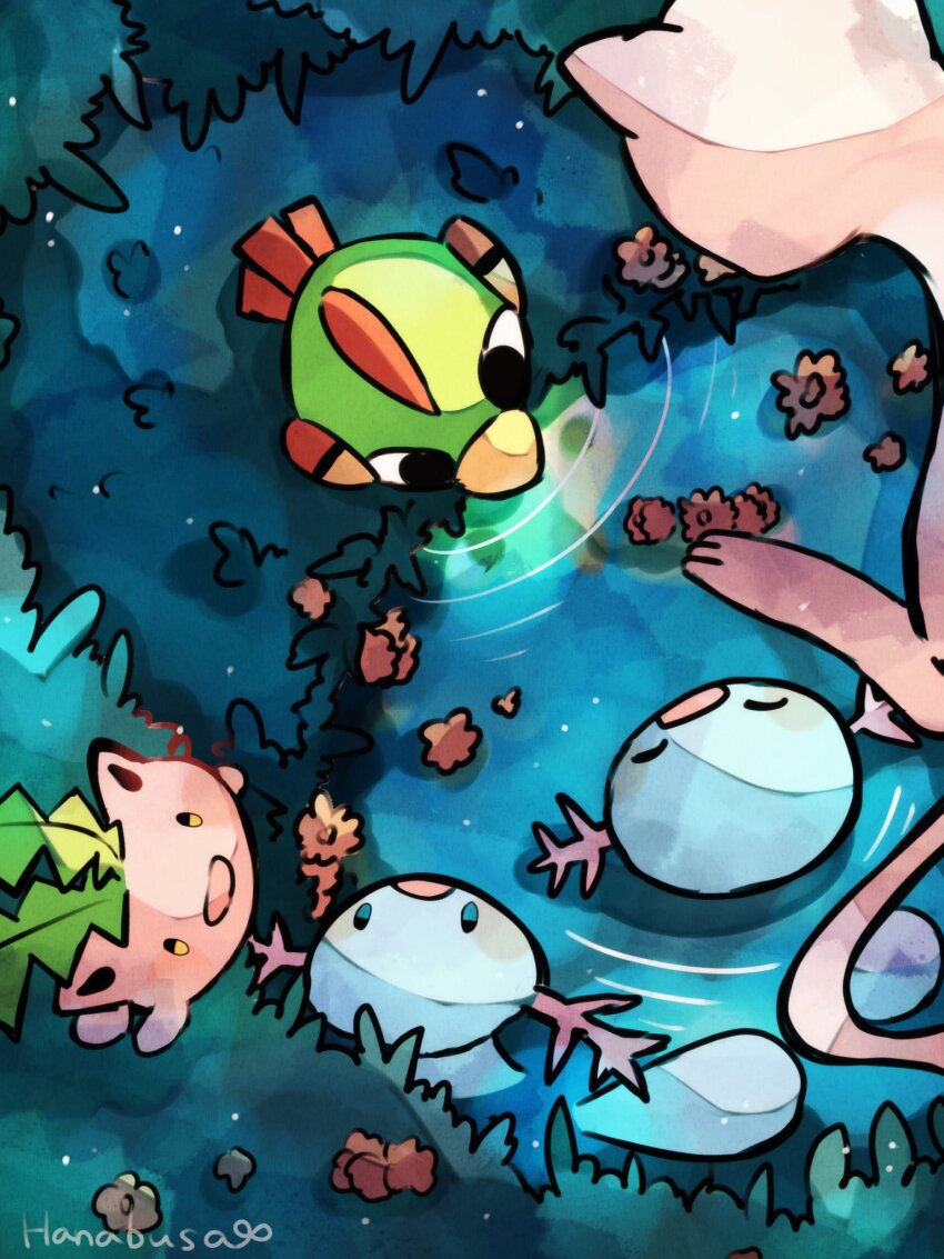 :d :o ^_^ animal_focus beak bird blue_skin closed_eyes colored_skin floating forest from_above gen_1_pokemon gen_2_pokemon grass green_skin hanabusaoekaki highres hoppip legendary_pokemon mew_(pokemon) mythical_pokemon natu nature nintendo no_humans open_mouth partially_submerged pink_skin pokemon pokemon_(creature) pond ripples smile solid_oval_eyes water wooper