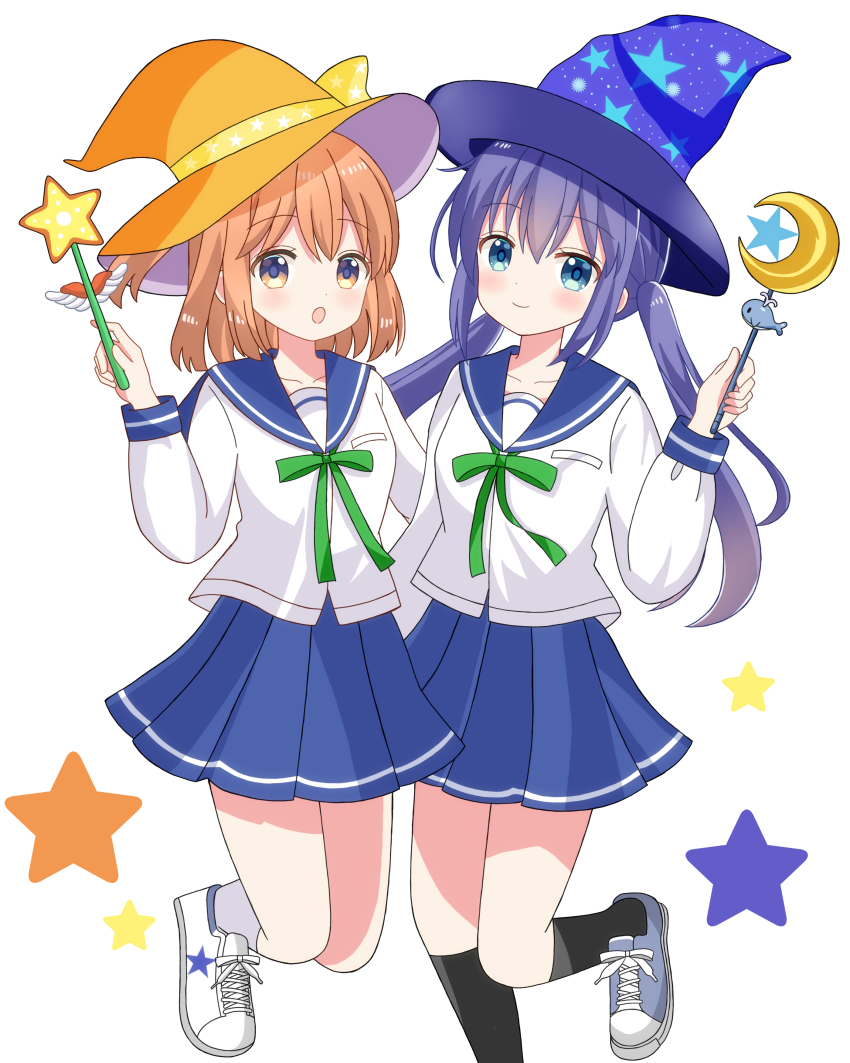 2girls :o absurdres black_socks blue_eyes blue_hair blue_sailor_collar blue_skirt brown_hair closed_mouth commentary_request commission crescent feet_out_of_frame grey_shoes grey_socks hat highres holding holding_wand kneehighs koisuru_asteroid konohata_mira long_hair long_sleeves low_twintails manaka_ao multiple_girls orange_eyes orange_hat parted_lips pixiv_commission pleated_skirt print_hat puffy_long_sleeves puffy_sleeves purple_hat ryoutan sailor_collar school_uniform serafuku shirt shoes simple_background skirt smile socks star_(symbol) star_print twintails very_long_hair wand white_background white_shirt white_shoes witch_hat