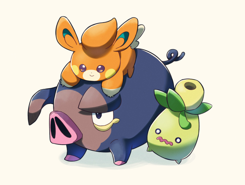 black_eyes closed_mouth commentary_request creatures_(company) game_freak lechonk nintendo no_humans nori_(hgdm2784) o_o open_mouth pawmi pokemon pokemon_(creature) pokemon_on_back smile smoliv standing wavy_mouth
