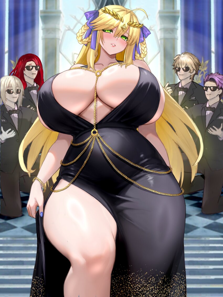 1girl 4boys absurdres artoria_pendragon_(fate) artoria_pendragon_(lancer)_(fate) bb_(fate) bb_dubai_(fate) bb_dubai_(fate)_(cosplay) bedivere_(fate) belly_chain blonde_hair braid braided_hair_rings breasts business_suit cocktail_dress cosplay dress fate/grand_order fate_(series) formal_clothes gawain_(fate) green_eyes hair_rings highres huge_breasts indoors jewelry kneeling lancelot_(fate/grand_order) long_hair looking_at_viewer low_neckline multiple_boys purple_hair raskasar standing suit sunglasses thick_thighs thighs tristan_(fate) wide_hips