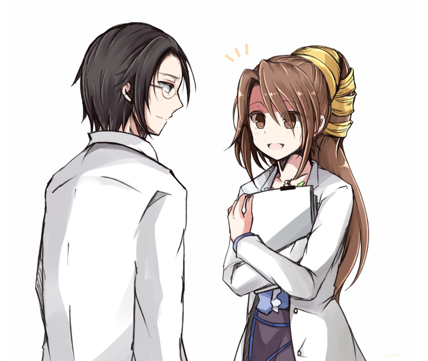 1boy 1girl black_hair brown_eyes brown_hair clipboard dirge_of_cerberus_final_fantasy_vii final_fantasy final_fantasy_vii glasses hair_between_eyes hair_ribbon highres holding holding_clipboard lab_coat looking_at_another lucrecia_crescent nanao_(zonzonsh) open_mouth parted_bangs ponytail professor_houjou ribbon short_hair smile white_background yellow_ribbon