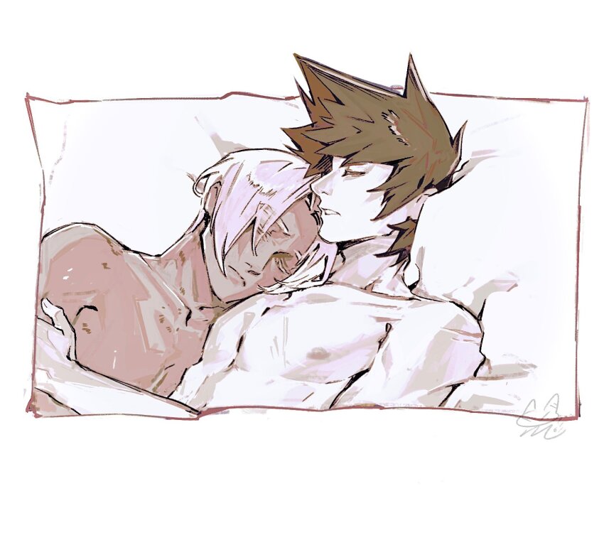 2boys acer_findo closed_eyes closed_mouth collarbone commentary couple curtained_hair dark-skinned_male dark_skin frown greyscale hades_(series) hades_1 hand_on_another&#039;s_arm highres lying male_focus monochrome multiple_boys nipples nude on_back parted_lips pectorals short_hair sleeping teeth thanatos_(hades) yaoi zagreus_(hades)