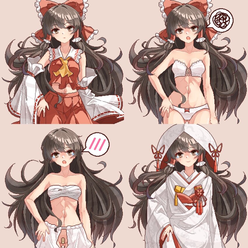 1girl arm_at_side ascot bare_shoulders bloomers blush bow breasts brown_eyes brown_hair chest_sarashi closed_mouth collarbone commentary_request cowboy_shot detached_sleeves eaglov frilled_bow frilled_hair_tubes frilled_shirt_collar frills gluteal_fold grey_background hair_bow hair_tubes hakurei_reimu hand_on_own_hip highres hood japanese_clothes kimono long_hair long_sleeves looking_at_viewer maebari midriff navel panties pixel_art pussy_cutout red_bow red_skirt red_vest sarashi simple_background skirt skirt_set small_breasts solo speech_bubble spoken_blush stomach touhou uchikake underwear very_long_hair vest white_panties wide_sleeves yellow_ascot