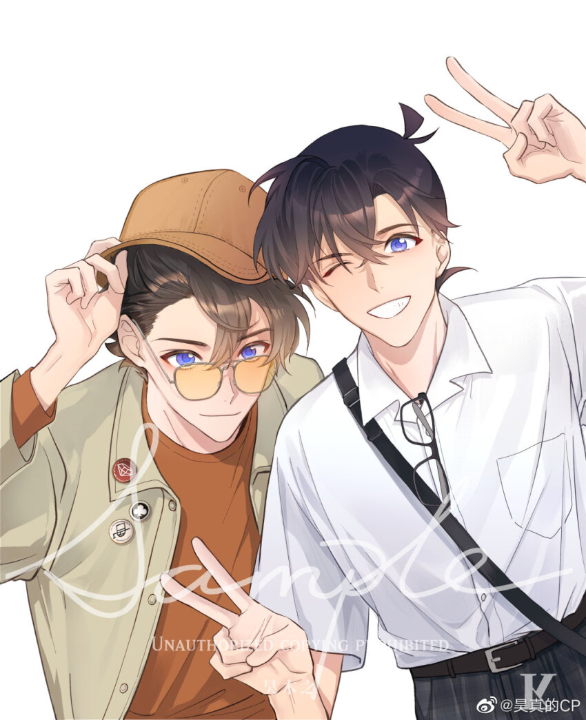2boys bag baseball_cap belt black_belt black_hair black_pants blue_eyes brown_hair brown_hat brown_jacket chinese_commentary closed_mouth collared_shirt commission eyewear_hang glasses grin hair_between_eyes hand_on_headwear haoriday hat highres jacket kudou_shin&#039;ichi kuroba_kaito long_sleeves looking_at_viewer magic_kaito male_focus meitantei_conan multiple_boys one_eye_closed open_clothes orange_shirt pants polo_shirt round_eyewear sample_watermark shirt short_hair short_sleeves simple_background smile sunglasses teeth unworn_eyewear upper_body v watermark weibo_watermark white_background white_shirt yaoi