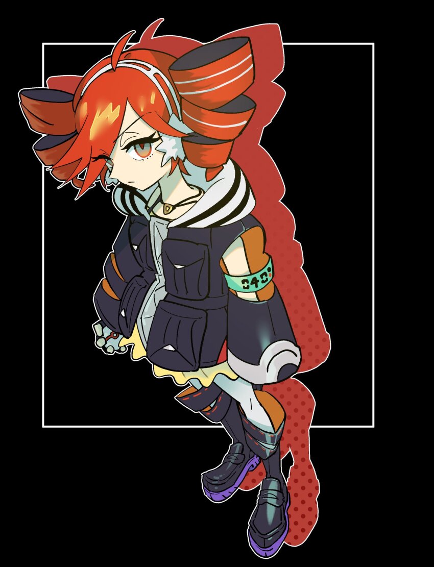 1girl ahoge arms_at_sides black_background black_boots black_jacket boots closed_mouth drill_hair drop_shadow fingerless_gloves full_body glaring gloves green_eyes gyoranden headphones highres holding holding_poke_ball jacket jewelry kasane_teto long_sleeves looking_at_viewer miniskirt necklace nintendo poke_ball pokemon project_voltage red_hair rival_teto_(project_voltage) short_hair skirt solo standing twin_drills utau v-shaped_eyebrows vocaloid yellow_skirt