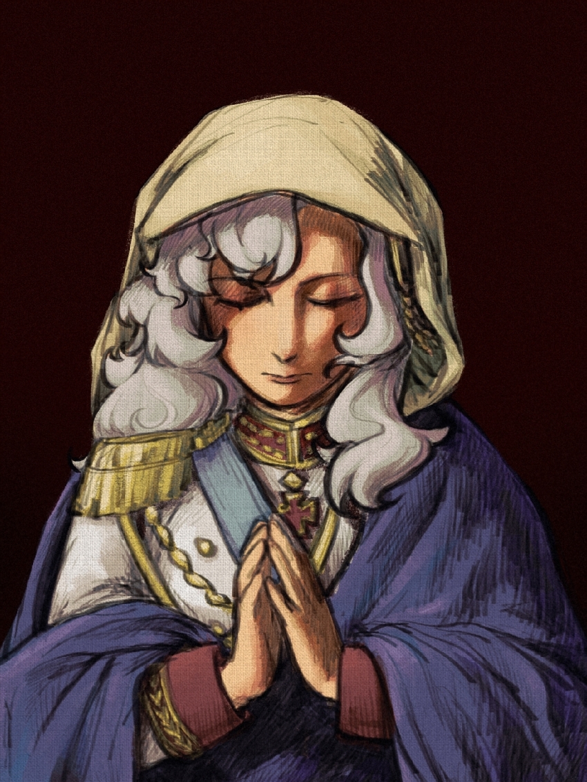 1girl aiguillette alpha_(alpha_1918) blue_sash buttons chen_feng_(slbdofcl) christian_mythology christianity cloak closed_eyes cosplay cross cross_necklace cross_pendant curly_hair embroidery epaulettes facing_down fluffy fluffy_hair gold_buttons gold_trim hair_ornament highres hood icon_(religion) jacket jewelry lips long_hair military_uniform necklace nose original own_hands_together praying red_sleeve_cuffs russia russian_empire saint sash single_epaulette sleeve_cuffs the_bible upper_body virgin_mary virgin_mary_(cosplay) white_hair white_jacket
