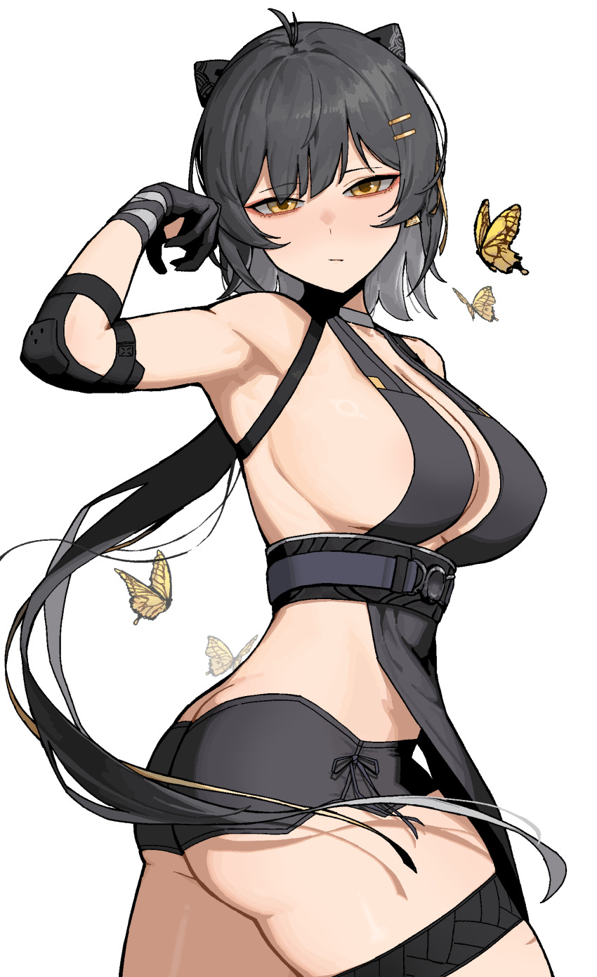 1girl :/ absurdres ahoge armpits ass black_gloves black_hair breasts bug butterfly cleavage commentary female_rover_(wuthering_waves) from_side gloves highres insect large_breasts liminal0803 long_hair looking_at_viewer paid_reward_available rover_(wuthering_waves) sideboob simple_background solo thigh_strap white_background wuthering_waves yellow_eyes