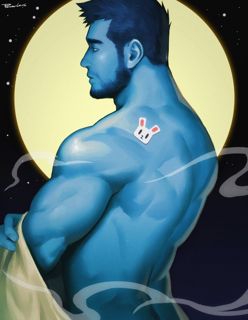 1boy ass back back_focus bara bare_back bare_shoulders beard blue_hair blue_skin butt_crack colored_skin dark_blue_hair facial_hair from_side full_moon highres kaguya_hime male_focus moon moon_rabbit muscular muscular_male naked_robe night night_sky original powerlesssong rabbit robe short_hair sky solo star_(sky) starry_sky taketori_monogatari undressing