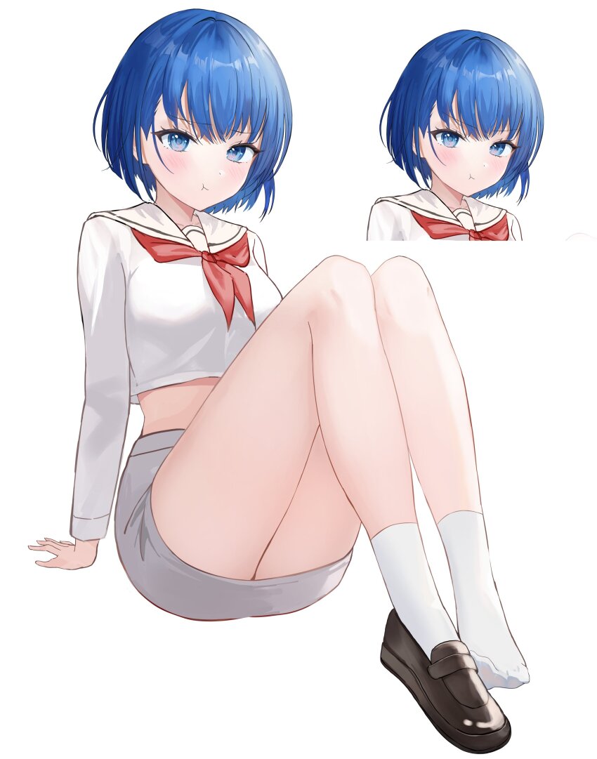 1girl :t absurdres arm_support bare_legs blue_eyes blue_hair blush breasts brown_shoes cropped_shirt full_body grey_skirt hashtag-only_commentary highres kiritani_haruka knees_up large_breasts left_shoe_removed long_sleeves miniskirt neckerchief pencil_skirt pout project_sekai red_neckerchief sailor_collar shirt shoes short_hair sidelocks simple_background single_shoe sitting skirt socks solo thighs white_background white_sailor_collar white_shirt white_socks yurancoco