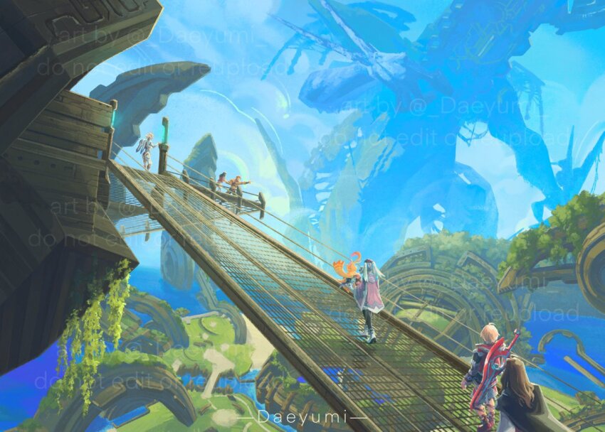 3boys 3girls artist_name black_cape blue_sky cape commentary daeyumi dunban_(xenoblade) english_commentary fiora_(xenoblade) head_wings horizon in-universe_location mecha-fiora mechonis melia_antiqua monado multiple_boys multiple_girls pointing reyn_(xenoblade) riki_(xenoblade) scenery sharla_(xenoblade) shulk_(xenoblade) sky stairs sword sword_on_back twitter_username walking water watermark weapon weapon_on_back wings xenoblade_chronicles_(series) xenoblade_chronicles_1
