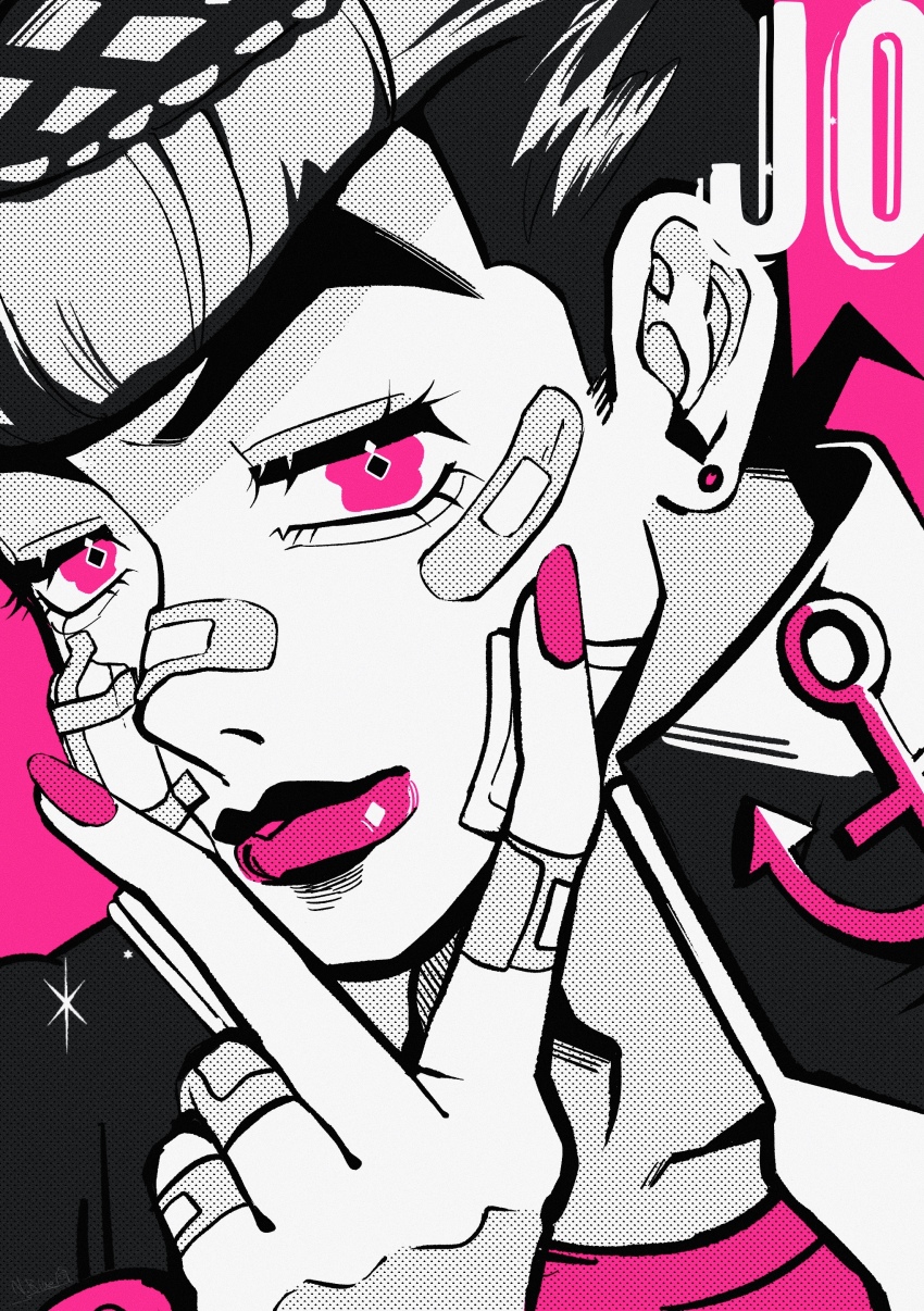 1boy absurdres anchor_symbol bandages bandaid bandaid_on_face bandaid_on_hand black_hair collarbone diamond_wa_kudakenai ear_piercing earrings higashikata_josuke high_collar highres jewelry jojo_no_kimyou_na_bouken lapel_pin looking_at_viewer monochrome nail_polish natchan_blue_(nanairopenki) piercing pink_background pink_eyes pink_lips pink_shirt pompadour school_uniform shirt short_hair solo v wavy_eyes