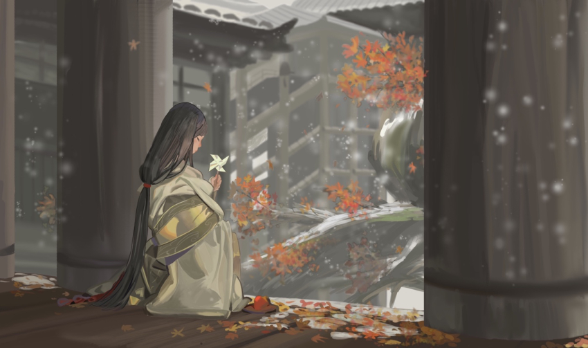 1girl alphonse_(white_datura) architecture autumn_leaves bad_id bad_pixiv_id black_hair closed_eyes day divine_child_of_rejuvenation east_asian_architecture female_focus hair_tie leaf long_hair outdoors pinwheel rinfu sekiro:_shadows_die_twice sitting snowing solo very_long_hair wide_sleeves