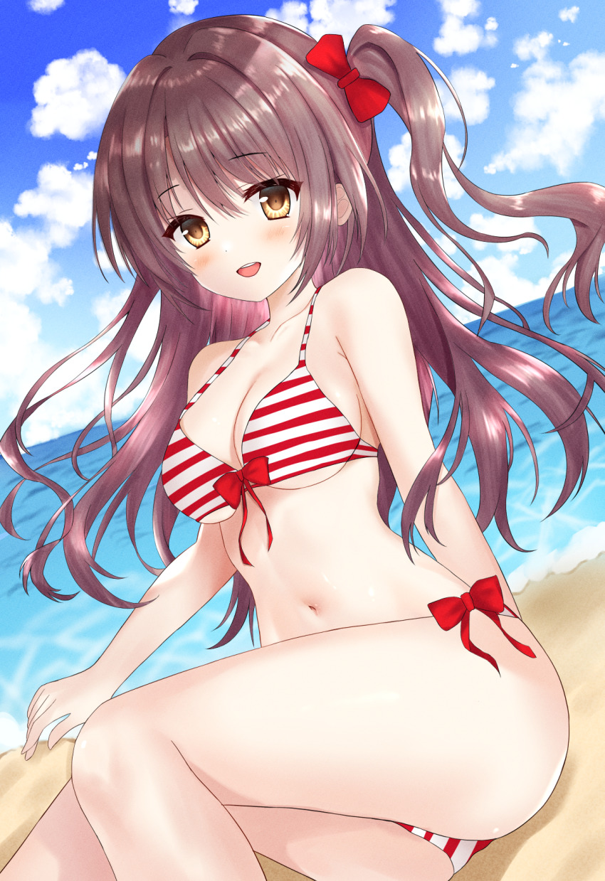 1girl beach bikini blush breasts brown_hair cleavage collarbone feet_out_of_frame highres idolmaster idolmaster_cinderella_girls long_hair looking_at_viewer medium_breasts navel nironiro_(qlcfud) open_mouth shimamura_uzuki smile solo striped_bikini striped_clothes swimsuit