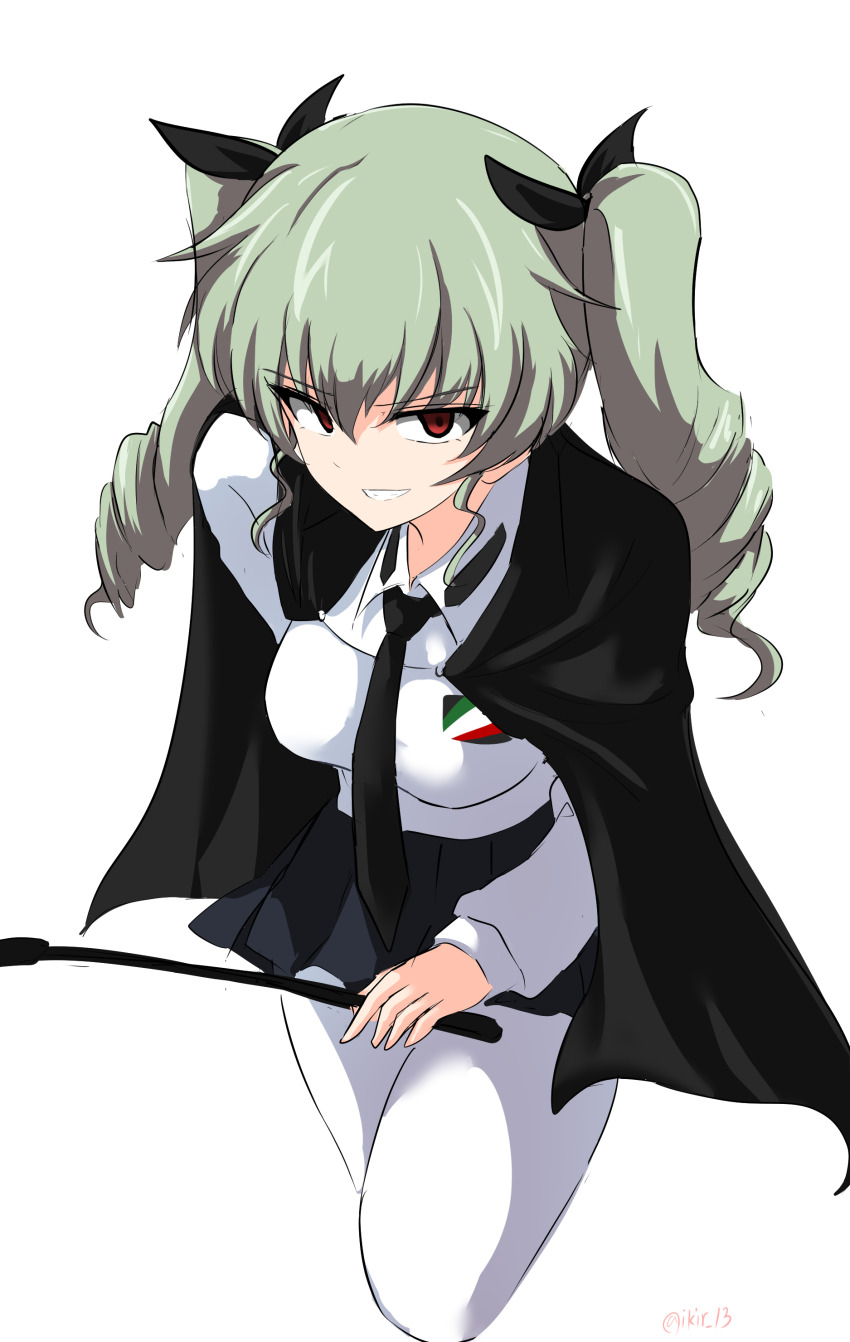 1girl absurdres aikir_(jml5160) anchovy_(girls_und_panzer) anzio_(emblem) anzio_school_uniform black_coat black_skirt coat emblem girls_und_panzer green_hair highres holding holding_whip looking_at_viewer pants red_eyes school_uniform shirt short_twintails skirt solo twintails white_pants white_shirt