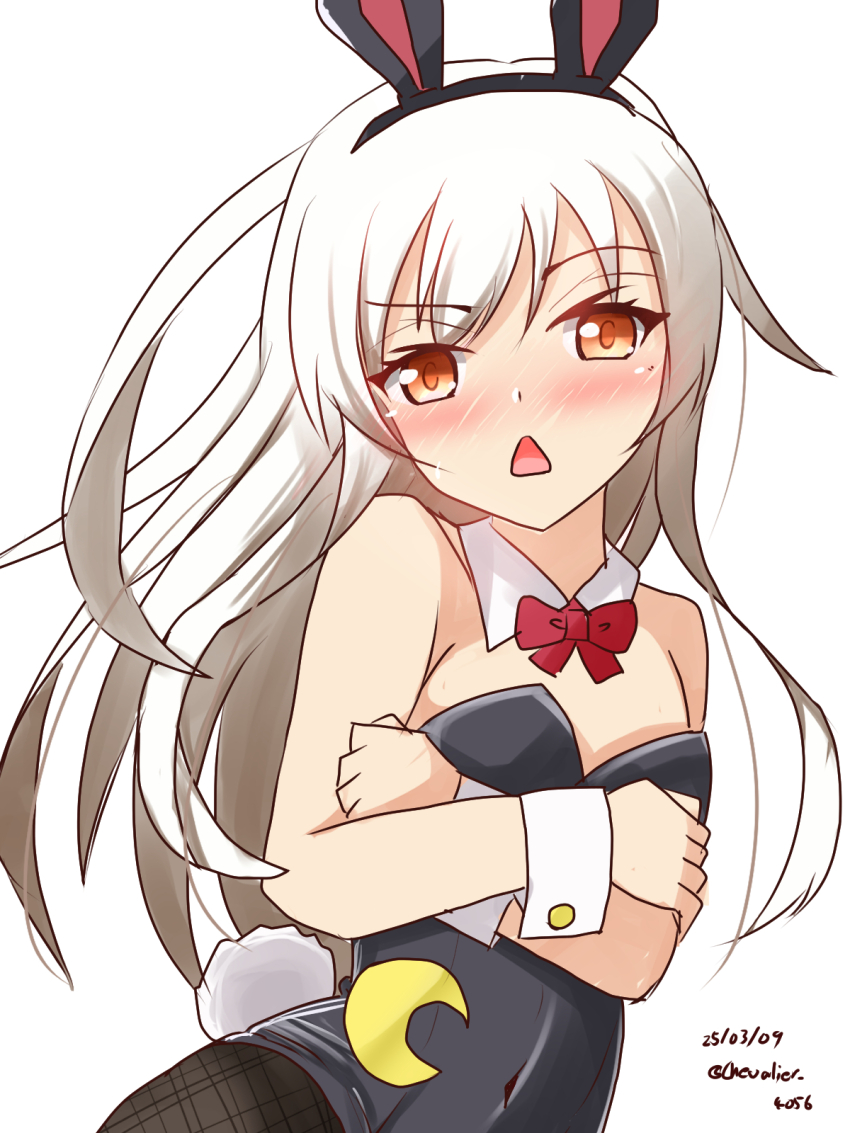 1girl animal_ears bare_shoulders black_leotard black_pantyhose blush breasts covered_navel covering_breasts covering_privates crescent dated detached_collar fake_animal_ears fishnet_pantyhose fishnets highres kantai_collection kikuzuki_(kancolle) leotard long_hair looking_at_viewer open_mouth pantyhose playboy_bunny rabbit_ears sawatani_(chevalier_04056) simple_background small_breasts solo strapless strapless_leotard twitter_username upper_body white_background white_hair