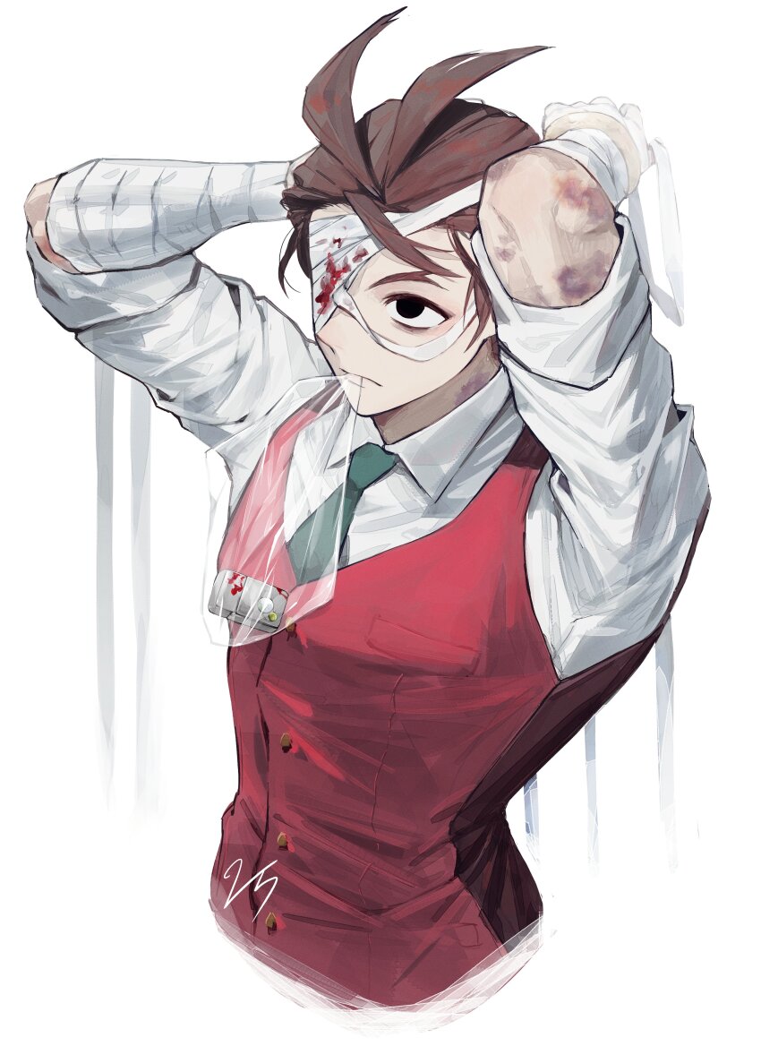 1boy absurdres ace_attorney apollo_justice arms_up bandage_over_one_eye bandaged_arm bandages black_eyes brown_hair bruise bruise_on_arm bruise_on_neck collared_shirt cropped_torso eye_injury forked_eyebrows gkt_eo green_necktie highres injury lighter male_focus necktie phoenix_wright:_ace_attorney_-_dual_destinies red_vest shirt short_hair signature solo vest white_shirt