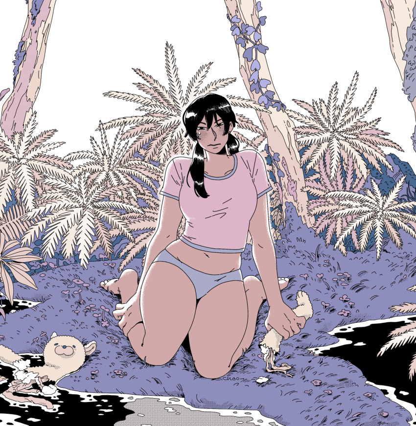 1girl bare_legs barefoot black_eyes black_hair blue_panties breasts choo closed_mouth commentary crying full_body glaring grass hand_on_own_leg highres holding_leg intestines kneeling large_breasts limited_palette long_hair looking_at_viewer low_twintails midriff navel on_grass on_ground original outdoors panties pastel_colors pink_shirt plant severed_leg severed_limb shirt short_sleeves sitting solo stuffed_animal stuffed_toy stuffing t-shirt teddy_bear torn tree twintails underwear vines wariza water white_background