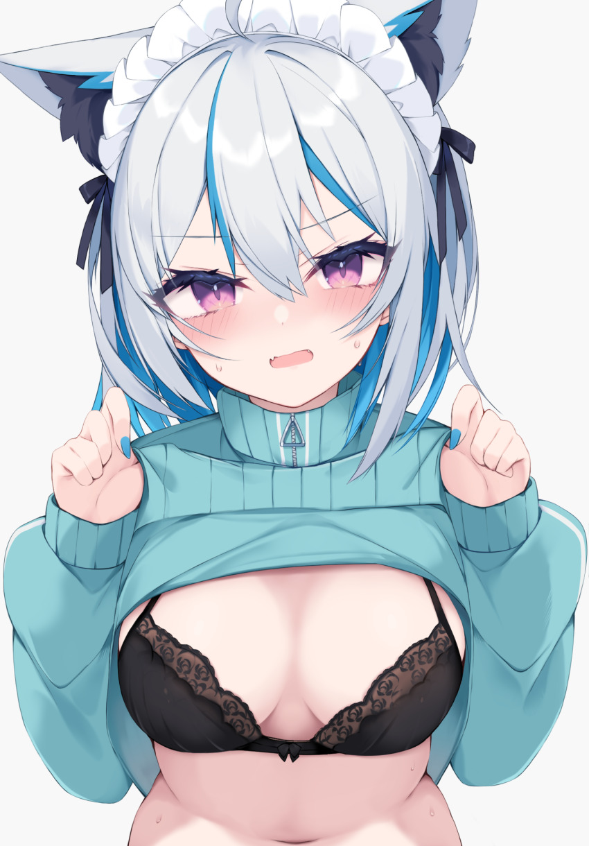 1girl animal_ear_fluff animal_ears black_bra blue_hair blue_jacket blue_nails blush bow bow_bra bra breasts clothes_lift commentary_request fangs grey_background grey_hair hair_between_eyes hands_up highres jacket jacket_lift jersey_maid lifting_own_clothes long_sleeves looking_at_viewer maid maid_headdress medium_breasts multicolored_hair nail_polish navel nibiiro_shizuka open_mouth original puffy_long_sleeves puffy_sleeves purple_eyes sleeves_past_wrists small_sweatdrop solo streaked_hair sweat track_jacket two-tone_hair unconventional_maid underwear upper_body