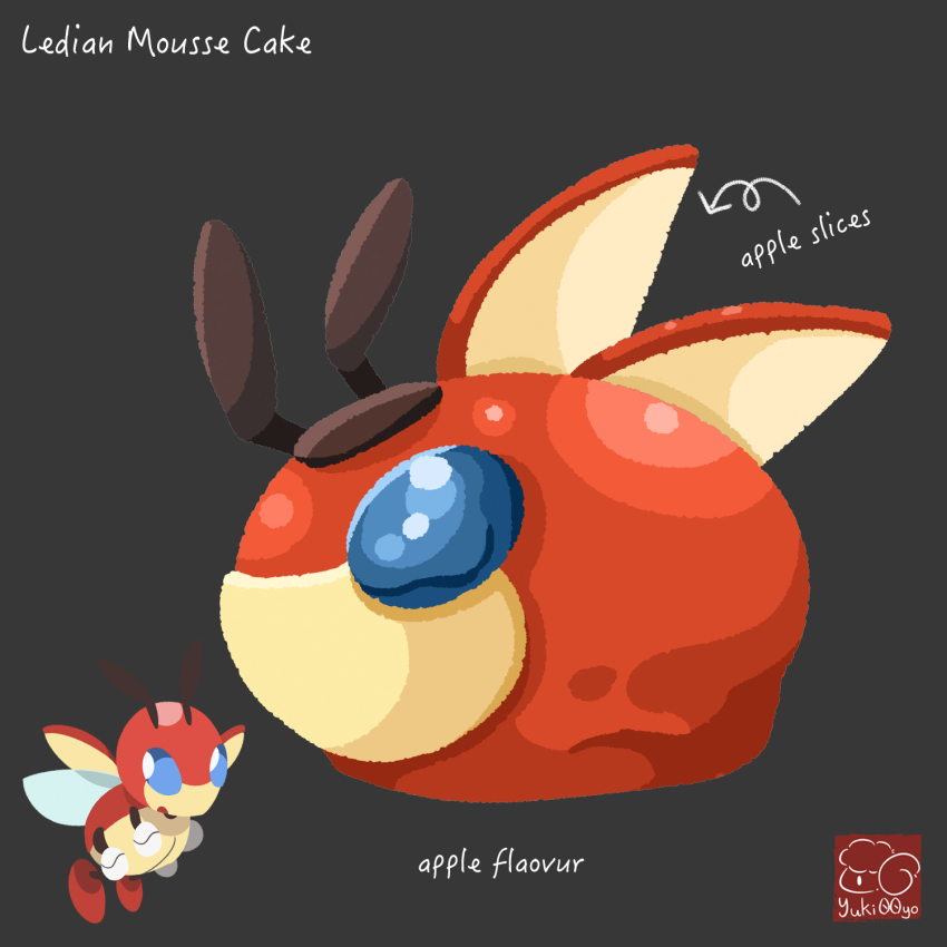 apple apple_slice artist_logo artist_name character-themed_food character_name english_text food food_focus food_name fruit gen_2_pokemon grey_background highres ledian logo mousse_(food) nintendo no_humans pokemon pokemon_(creature) simple_background yuki00yo