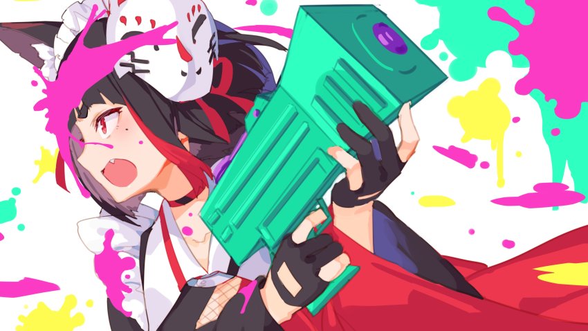 1girl absurdres animal_ear_fluff animal_ears animare black_gloves black_hair blunt_bangs choker commentary fang female_focus fox_ears fox_mask frills gloves headdress highres holding holding_weapon inari_kuromu ink_on_face izumi_sai long_sleeves mask mask_on_head multicolored_hair nanashi_inc. nintendo open_mouth partially_fingerless_gloves red_choker red_eyes red_hair red_ribbon ribbon short_hair solo splatoon_(series) streaked_hair virtual_youtuber weapon