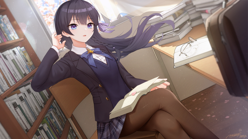 1girl black_hair black_pantyhose blue_eyes book braid classroom collared_shirt desk flat_chest glasses hair_ribbon highres indoors long_hair looking_at_viewer mcg6 open_mouth original pantyhose ribbon school_uniform shirt sitting skirt solo