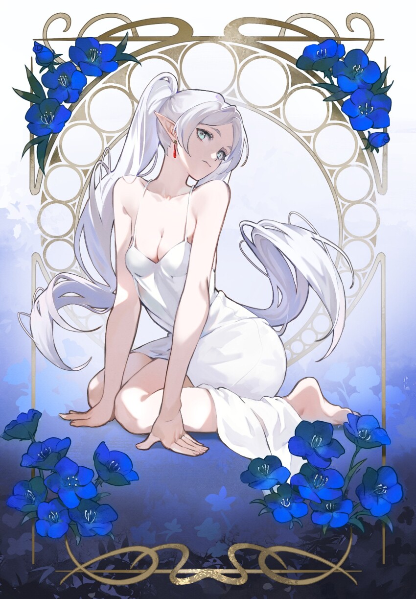 1girl alternate_costume alternate_hairstyle art_nouveau barefoot breasts cleavage earrings elf floating_earrings frieren green_eyes highres jewelry kamui_(kurohshiro1) kneeling long_hair pointy_ears ponytail small_breasts solo sousou_no_frieren spaghetti_strap teardrop_earrings twintails white_hair