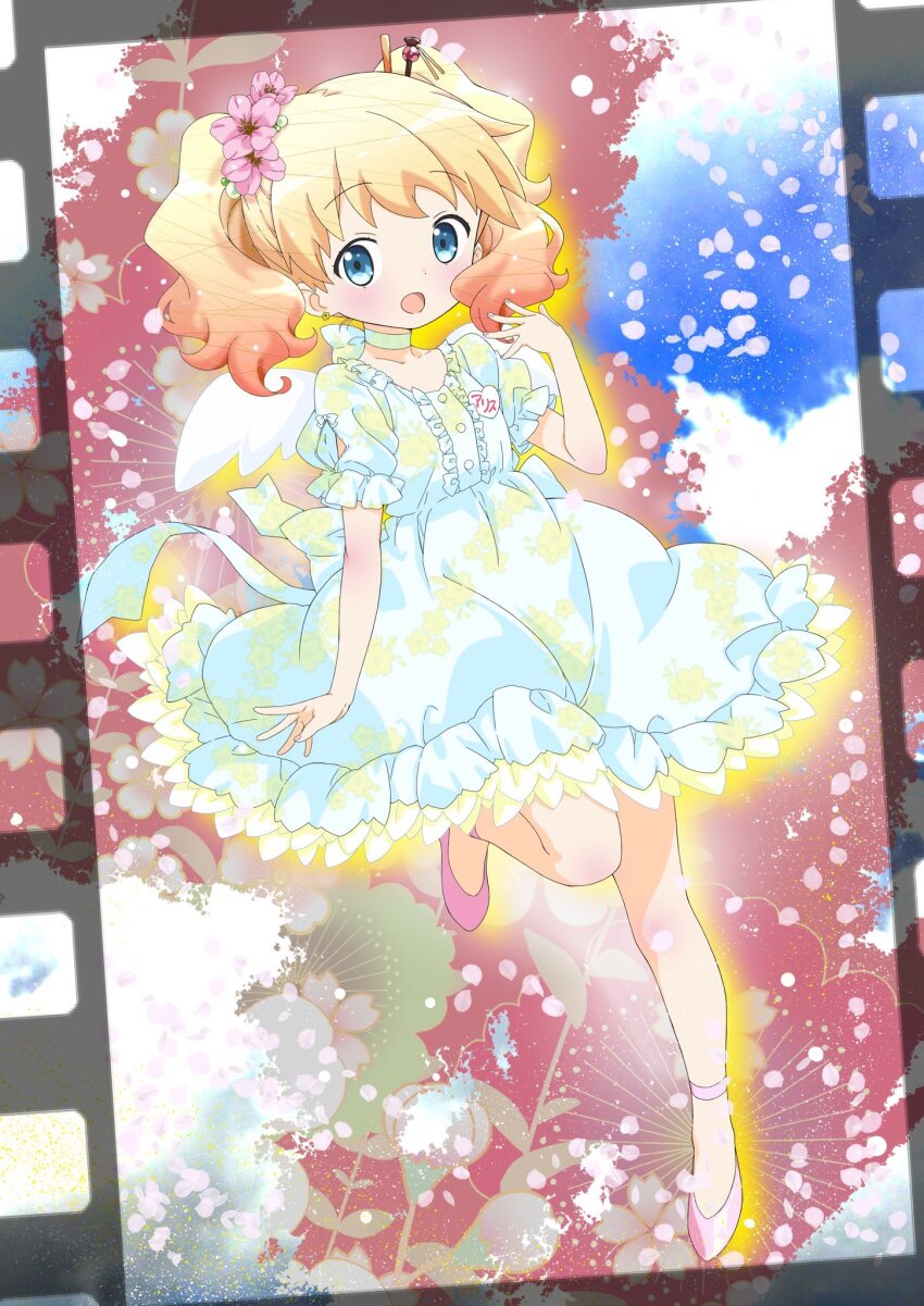 1girl :d abstract_background alice_cartelet arm_up ballet_slippers bare_legs blonde_hair blue_background blue_eyes bow breasts chopsticks collarbone commentary dress earrings film_strip floral_background flower flower_earrings flower_request flower_trim full_body glowing gradient_hair hair_flower hair_ornament hara_yui_(style) hashtag-only_commentary highres jewelry kin-iro_mosaic knee_blush koseki_masaru leg_up legband light_blush looking_at_viewer multicolored_hair neck_ribbon official_alternate_costume official_alternate_hairstyle official_art open_mouth orange_hair outstretched_arm pink_background pink_flower pink_hair pink_shoes puffy_short_sleeves puffy_sleeves ribbon shoes short_sleeves short_twintails small_breasts smile solo twintails wavy_hair white_bow white_dress white_ribbon