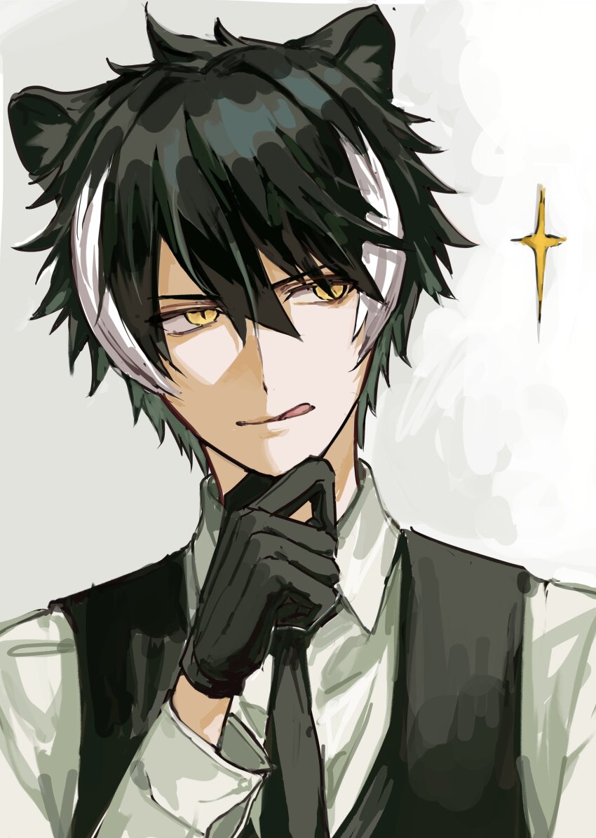 1boy :q absurdres animal_ears black_gloves black_hair black_necktie black_vest collared_shirt facing_viewer gloves hair_between_eyes hand_on_own_chin highres holostars jackal_boy jackal_ears kageyama_shien kqgjh male_focus multicolored_hair necktie shirt short_hair sideways_glance simple_background solo sparkle tongue tongue_out two-tone_hair upper_body vest virtual_youtuber white_background white_hair white_shirt yellow_eyes