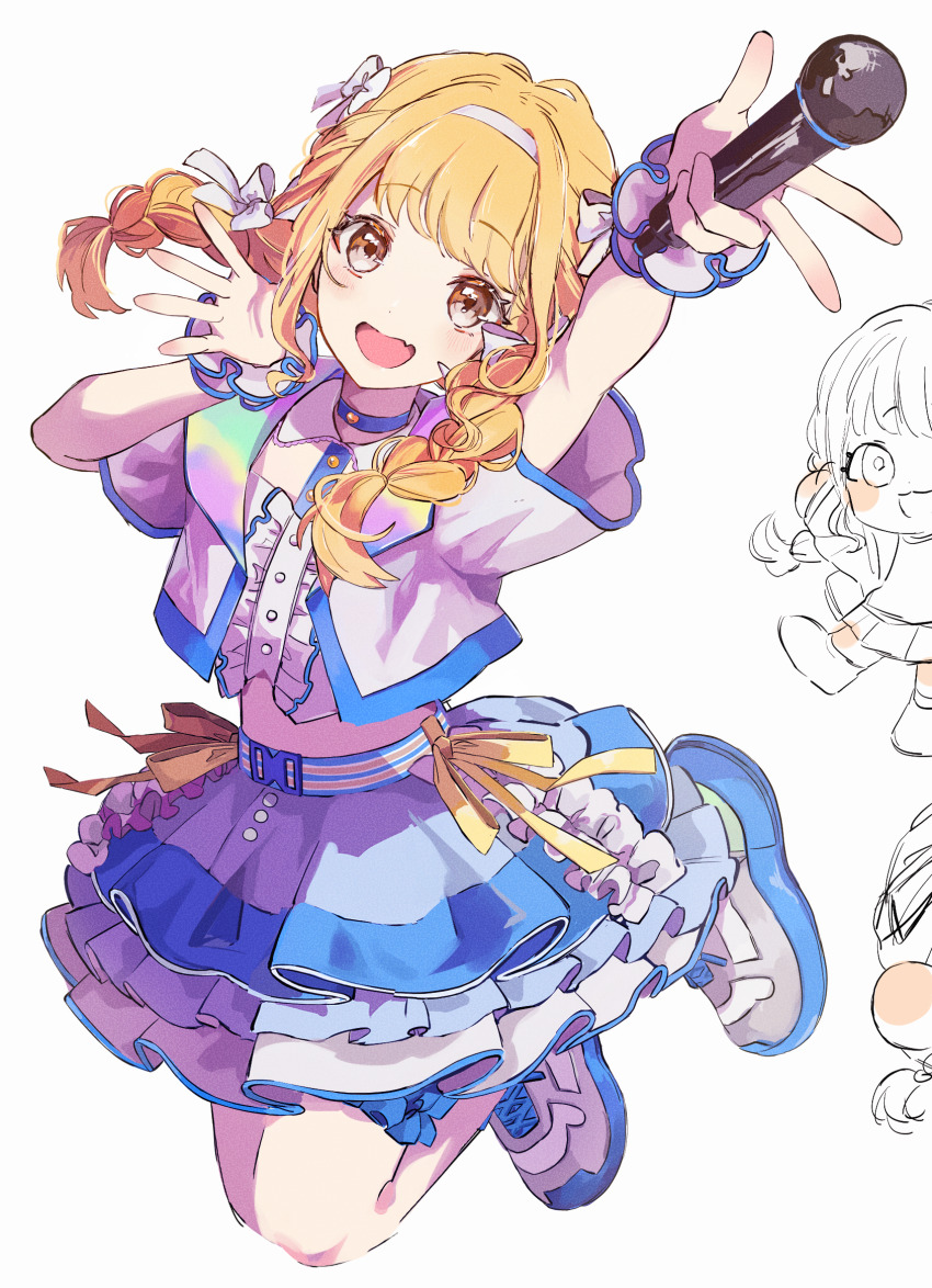 1girl arm_up blonde_hair blush braid center_frills chibi chibi_inset commentary_request cropped_jacket cropped_shirt fang frills fujita_kotone gakuen_idolmaster hand_up highres holding holding_microphone idolmaster jumping layered_skirt legs_folded long_hair looking_at_viewer microphone midriff multiple_views naemoko_(zmsy5552) sekaiichi_kawaii_watashi_(idolmaster) shoes short_hair simple_background skin_fang skirt smile sneakers twin_braids w white_background yellow_eyes