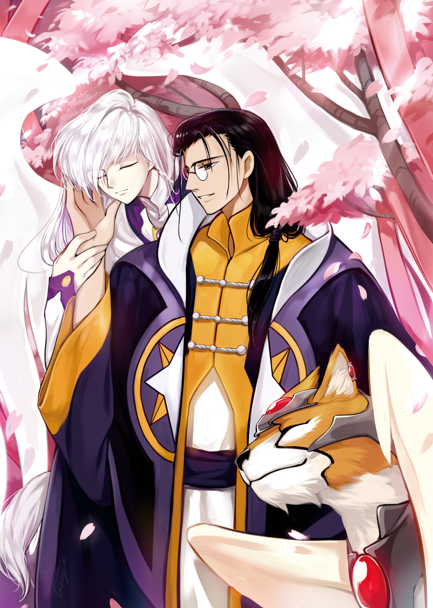 2boys absurdres angel_wings armored_animal black_hair cardcaptor_sakura cherry_blossoms chest_jewel chinese_clothes ciciya closed_eyes closed_mouth clow_reed coat cowboy_shot falling_petals feathered_wings flower glasses hair_behind_ear hair_over_shoulder hair_pulled_back hand_on_another&#039;s_cheek hand_on_another&#039;s_face highres jacket kerberos kero_(cardcaptor_sakura) lion long_coat long_hair long_sleeves looking_at_another low_ponytail male_focus multiple_boys open_clothes open_coat parted_lips petals pince-nez pink_flower ponytail profile purple_coat purple_eyes robe round_eyewear sleeves_past_wrists smile standing star_(symbol) swept_bangs tangzhuang tree very_long_hair white_hair white_robe white_wings winged_animal wings yellow_jacket yue_(cardcaptor_sakura)