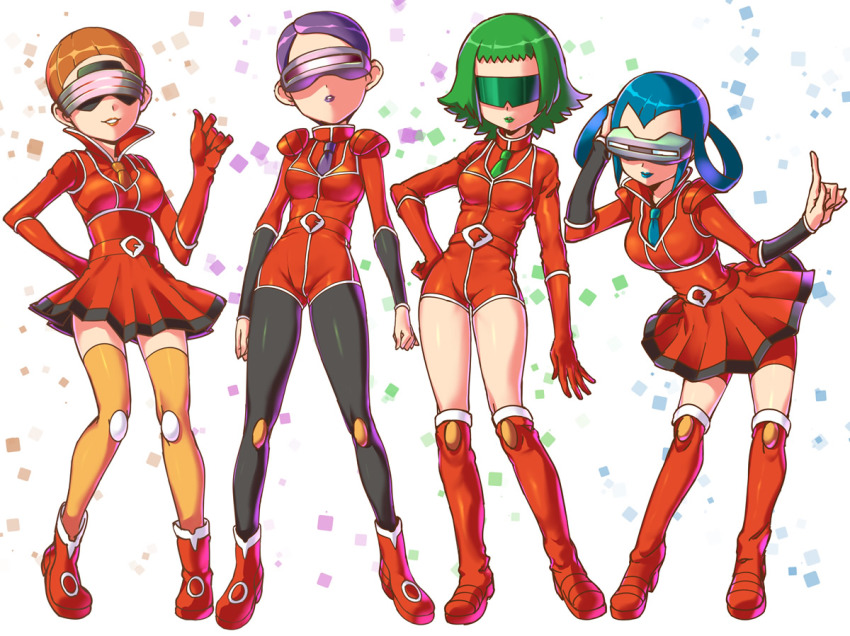 4girls aliana_(pokemon) ankle_boots belt bent_over blue-tinted_eyewear blue_hair blue_lips boots brown_hair bryony_(pokemon) celosia_(pokemon) female_focus gloves green-tinted_eyewear green_hair green_lips knee_boots lipstick mable_(pokemon) makeup miniskirt multiple_girls necktie nintendo pantyhose pleated_skirt pokemon pokemon_xy purple-tinted_eyewear purple_hair purple_lips red-tinted_eyewear red_footwear red_gloves red_legwear short_hair shoulder_pads skirt smile team_flare team_flare_grunt thighhighs tinted_eyewear tsuru_ringo very_short_hair visor zettai_ryouiki