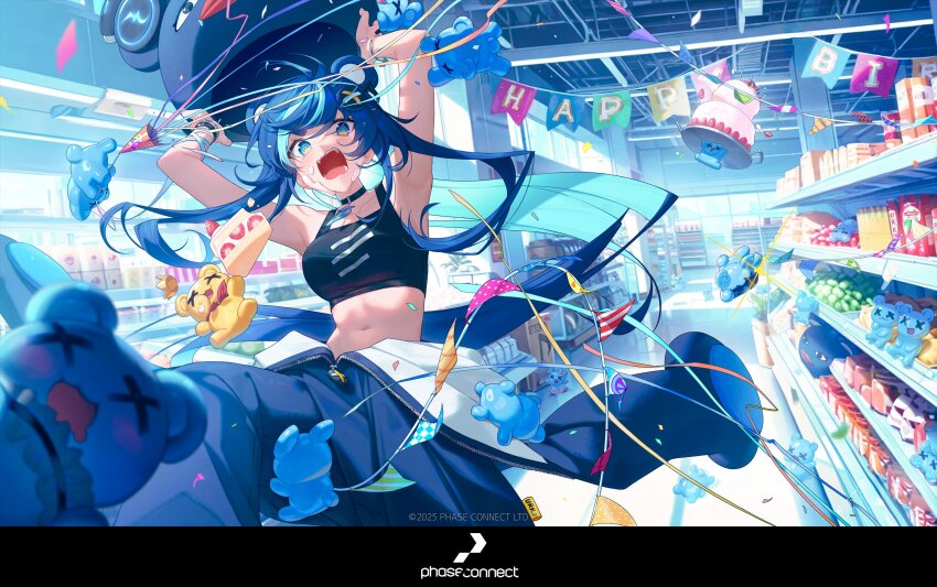 1girl animal_ears armpits banner bear_ears bear_girl black_choker black_shirt blue_eyes blue_hair bracelet breasts cake cake_slice choker confetti convenience_store copyright_name crop_top d: floating_hair food fujikura_uruka hair_ornament happy_birthday highres holding_mascot_head indoors jewelry kuikui large_breasts long_hair mascot_costume navel official_art open_mouth party_popper phase_connect shirt shop solo stomach strawberry_shortcake stuffed_animal stuffed_toy surprised swept_bangs tank_top teddy_bear teeth unzipped virtual_youtuber
