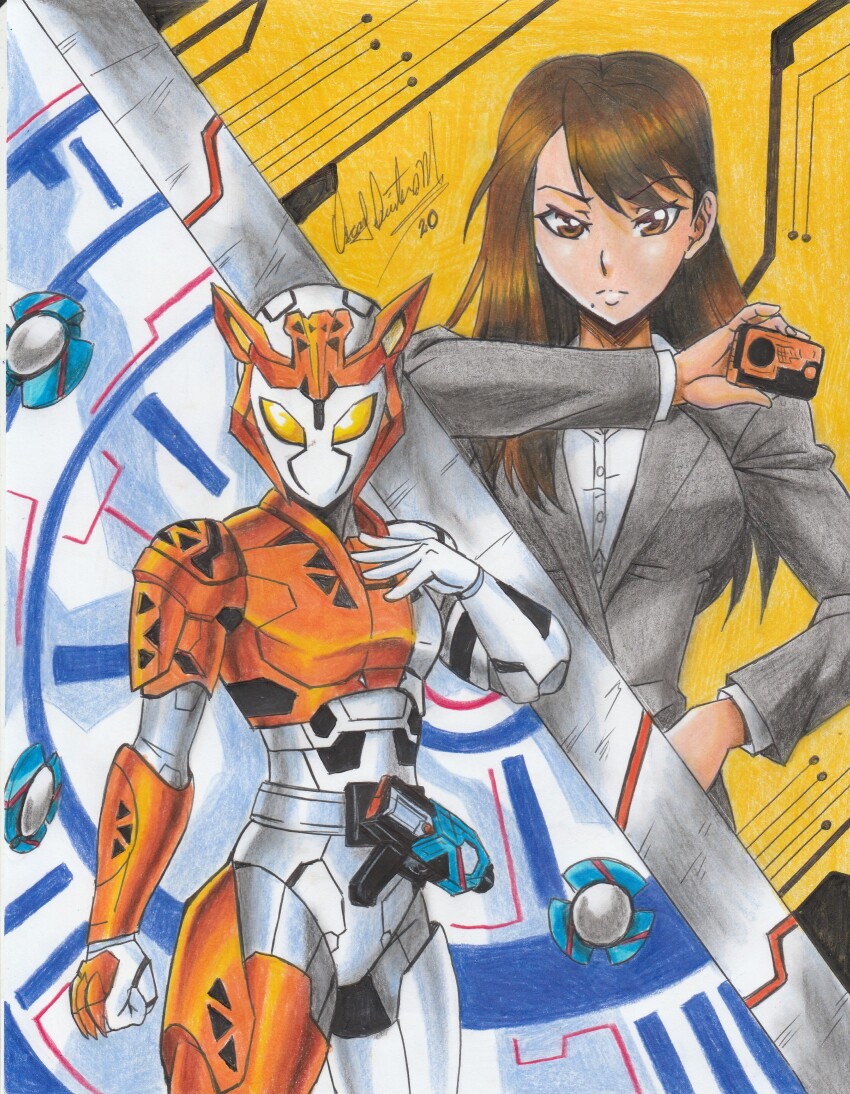 1girl 2020 absurdres armor artist_name brown_eyes brown_hair dual_persona formal_clothes gun hand_on_own_chest handgun helmet highres kamen_rider kamen_rider_01_(series) kamen_rider_valkyrie long_hair mole mole_under_mouth progrise_key ravernclouk_design rushing_cheetah shot_riser standing suit tokusatsu traditional_media weapon yaiba_yua yellow_eyes