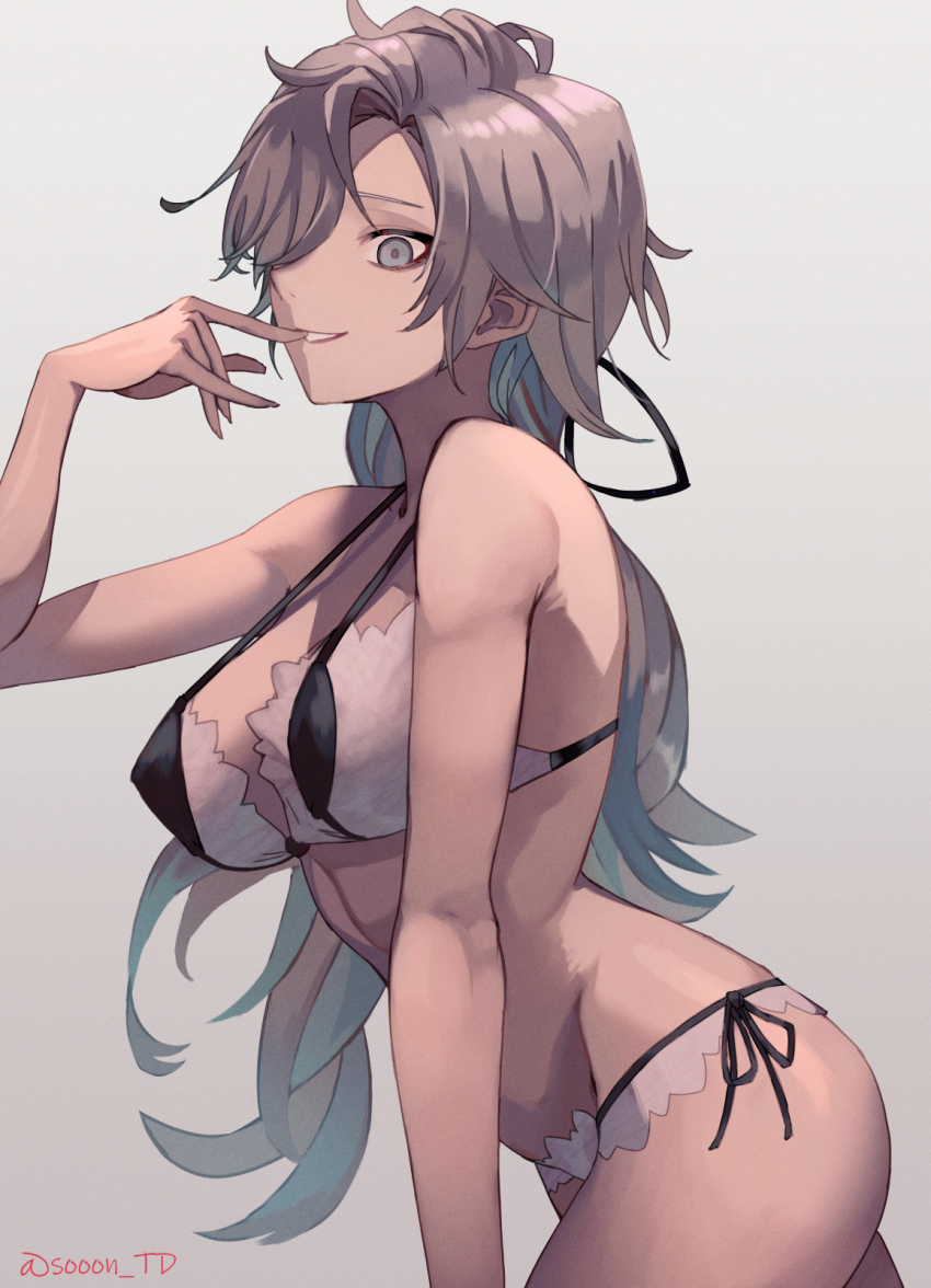 1girl artist_name ass bikini biting bra breasts biting_finger from_side gradient_hair grey_eyes grey_hair hair_over_one_eye hand_up highres lace lace_bikini lace_bra lace_panties large_breasts long_hair looking_at_viewer multicolored_hair original panties parted_lips side-tie_panties signature smile solo sooon swimsuit underwear