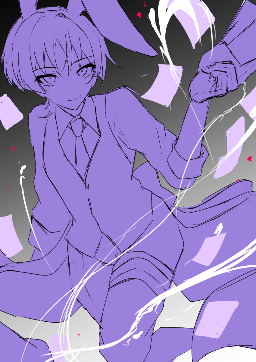 1boy :d absurdres alternate_costume animal_ears arm_at_side blunt_ends bow coattails contemporary eyelashes fake_animal_ears genshin_impact gloves hair_intakes hand_up highres large_bow looking_at_viewer male_focus male_playboy_bunny monochrome_background necktie open_mouth pants purple_thighhighs rabbit_ears renkon_25251020 scaramouche_(genshin_impact) shirt smile solo thigh_strap thighhighs three-quarter_sleeves tongue tongue_out tsurime undershirt vest wispy_bangs