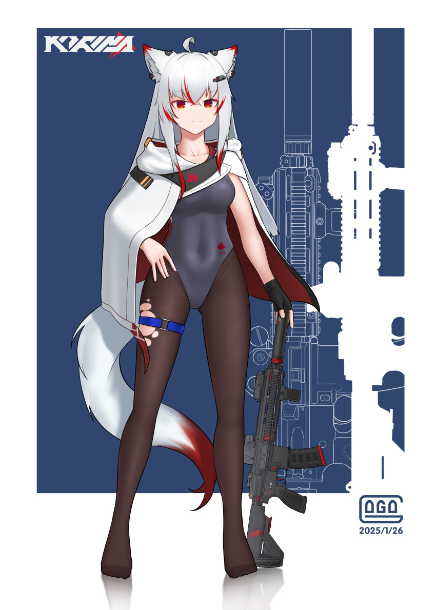 1girl absurdres ahoge animal_ear_fluff animal_ears assault_rifle barcode black_gloves black_pantyhose blue_one-piece_swimsuit border breasts capelet cat_ears cat_girl cat_tail closed_mouth collarbone competition_swimsuit covered_navel dated dated_commentary eotech fingerless_gloves full_body gloves gogo_(gogo_23) gun h&amp;k_hk416 hair_ornament hand_on_own_hip highres hood hood_down hooded_capelet laser_sight leaf magazine_(weapon) maple_leaf medium_breasts multicolored_hair multicolored_tail one-piece_swimsuit optical_sight original pantyhose pantyhose_under_swimsuit red_capelet red_eyes red_hair red_tail reflection rifle signature simple_background single_fingerless_glove solo streaked_hair suppressor swimsuit tail thigh_strap thighs torn_clothes torn_pantyhose two-sided_fabric vertical_foregrip weapon white_border white_capelet white_hair white_tail