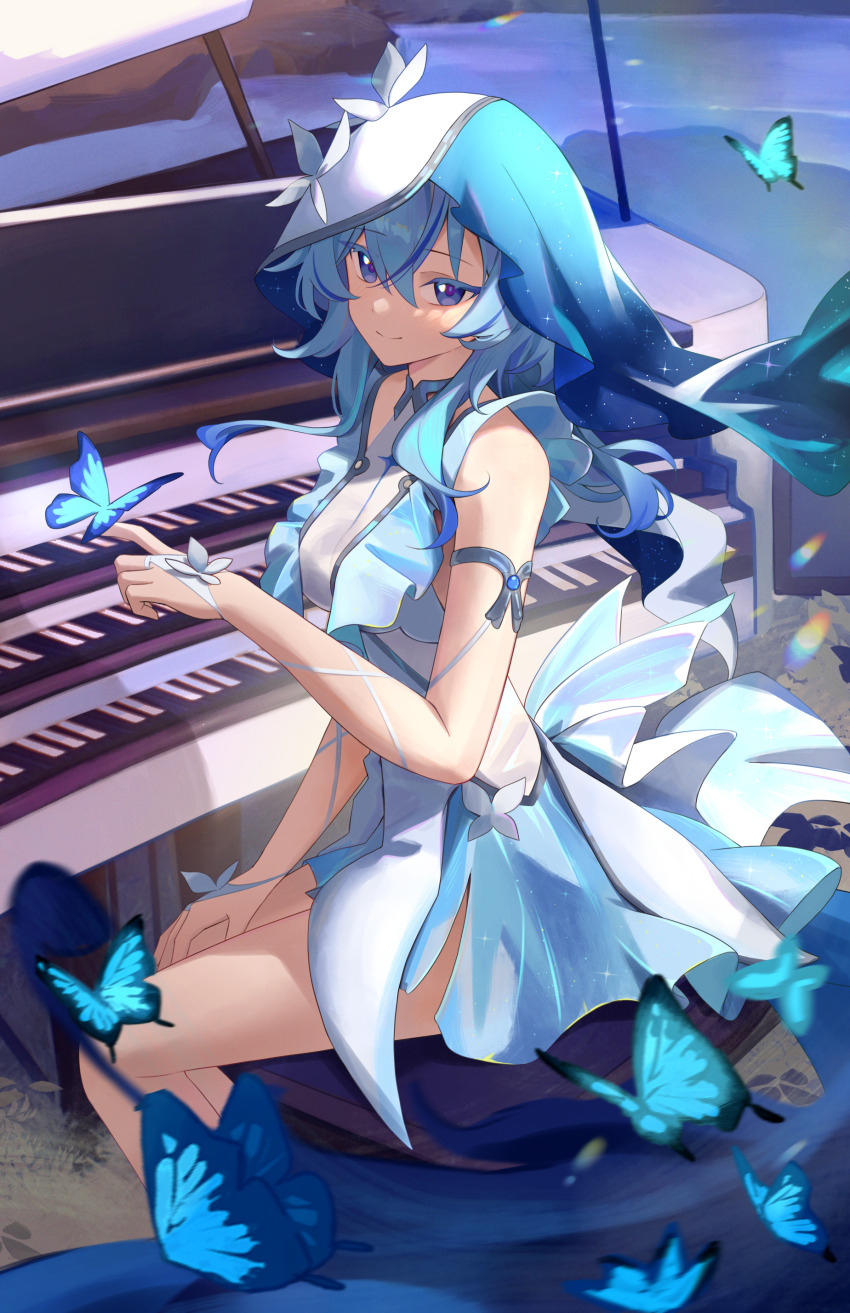 1girl absurdres armlet blue_butterfly blue_dress blue_eyes blue_hair blue_veil breasts bug butterfly butterfly_on_hand closed_mouth colored_eyelashes commentary dress english_commentary grand_piano hair_between_eyes highres insect instrument jewelry large_breasts long_hair looking_at_viewer piano shorekeeper_(wuthering_waves) sitting sleeveless sleeveless_dress smile solo tiri two-tone_veil veil white_veil wuthering_waves