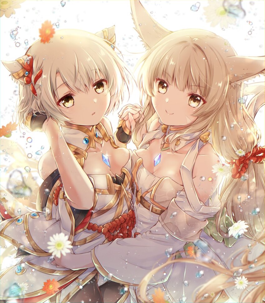 2girls agnus_female_off-seer_uniform animal_ears arm_around_waist breast_press breasts cat_ears chest_jewel cleavage cosplay costume_switch ear_covers facial_mark fingerless_gloves flower gloves grey_hair highres holding_hands long_hair low_twintails medium_breasts mio_(xenoblade) mio_(xenoblade)_(cosplay) multiple_girls nia_(blade)_(xenoblade) nia_(blade)_(xenoblade)_(cosplay) nia_(xenoblade) nia_(xenoblade)_(cosplay) official_alternate_costume pantyhose short_hair smile symmetrical_docking twintails ui_frara very_long_hair water water_drop whisker_markings xenoblade_chronicles_(series) xenoblade_chronicles_2 xenoblade_chronicles_3
