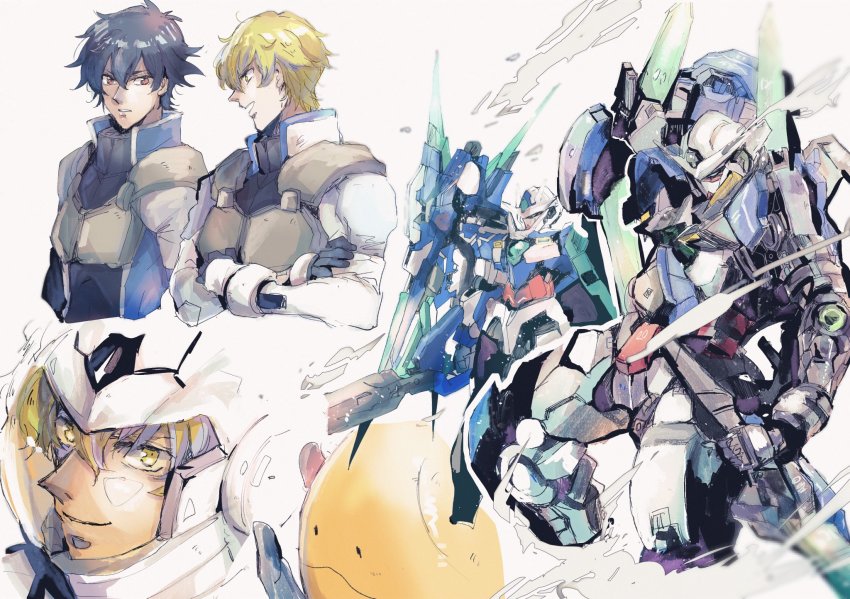 00_qan[t] 00_qan[t]_full_saber 2boys aqua_eyes black_hair blonde_hair brown_eyes commentary graham_aker gundam gundam_00 gundam_00_a_wakening_of_the_trailblazer gundam_00_festival_10_&quot;re:vision&quot; gundam_exia_repair_iv haro helmet highres holding holding_sword holding_weapon kare_(0621utak) looking_at_viewer mecha mecha_pilot_suit mobile_suit multiple_boys normal_suit_(gundam) pilot_suit robot science_fiction setsuna_f._seiei simple_background smile sword v-fin weapon white_background yellow_eyes