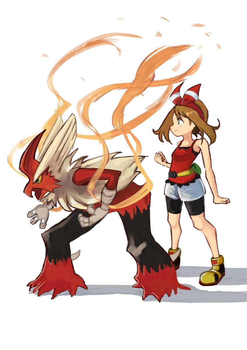 1girl bare_shoulders bike_shorts black_shorts blaziken bow brown_hair closed_mouth fanny_pack fire full_body game_freak gen_3_pokemon hair_bow highres may_(pokemon) mega_blaziken mega_pokemon nintendo pokemon pokemon_(creature) pokemon_oras red_bow red_shirt shirt shoes short_hair shorts sleeveless sleeveless_shirt smile standing tikuwabu_33 white_background yellow_shoes