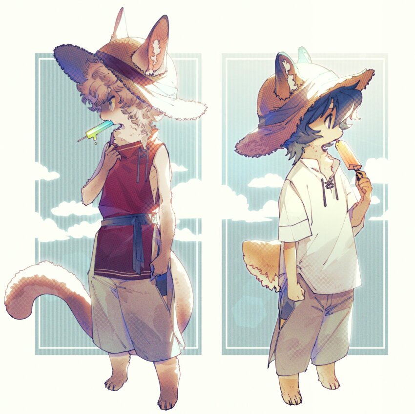 2boys animal_feet black_hair blue_eyes body_fur brown_fur brown_hair cat_boy claws cloud collar_tug commentary digitigrade dog_boy ears_through_headwear food food_in_mouth fuji_166 full_body furry furry_male hand_up hat highres holding holding_food holding_popsicle licking looking_to_the_side male_focus mouth_hold multiple_boys original popsicle popsicle_in_mouth purple_eyes red_shirt shirt short_hair sleeveless sleeveless_shirt standing sun_hat symbol-only_commentary tail white_shirt yellow_background yellow_fur