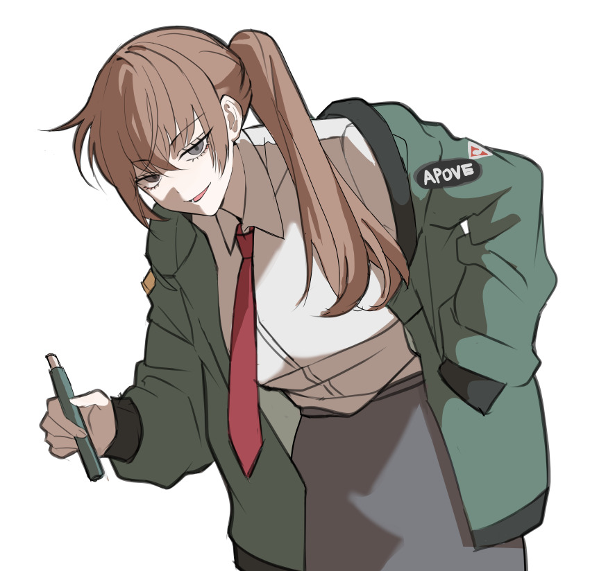 1girl absurdres brown_hair genderswap genderswap_(mtf) green_jacket grey_eyes grey_skirt hand_in_pocket highres jacket kasuga_kaya leaning_forward looking_at_viewer necktie ponytail red_necktie skirt solo ssaumdokak standing sung_taehoon white_background