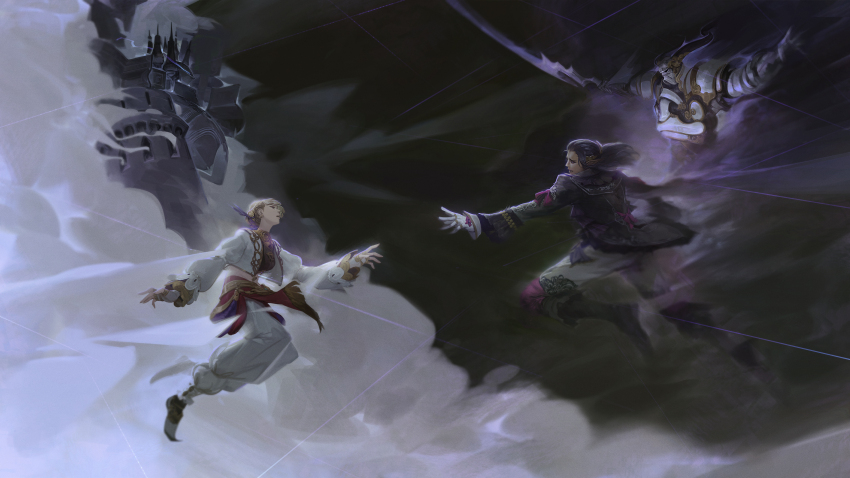 1boy 1girl absurdres afumau_(final_fantasy) alexander_(final_fantasy) black_boots black_hair black_jacket black_shirt blonde_hair boots breasts commentary commission cropped_jacket cropped_shirt dark-skinned_male dark_skin edward_tsang elf elvaan english_commentary final_fantasy final_fantasy_xi fingerless_gloves gloves highres hume jacket jewelry knee_boots long_sleeves luzaf medium_breasts odin_(final_fantasy) official_art open_clothes open_jacket pants pointy_ears pointy_footwear reaching reaching_towards_another ring shirt white_gloves white_jacket white_pants