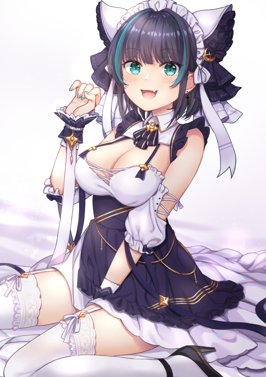1girl :d animal_ears aqua_eyes azur_lane bare_shoulders black_dress black_footwear black_hair breasts cat cheshire_(azur_lane) cleavage detached_sleeves dress fake_animal_ears fang garter_straps hand_up headdress high_heels highres kon_(k0n16) large_breasts looking_at_viewer maid maid_headdress multicolored_hair nail_polish neck_ribbon open_mouth ribbon short_hair sitting smile solo streaked_hair thighhighs wariza white_background white_thighhighs wing_collar zettai_ryouiki