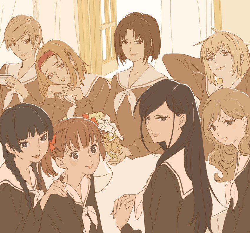 55bata6rou 6+girls arms_behind_head arms_up black_eyes black_hair black_shirt blonde_hair blunt_bangs bouquet braid brown_eyes brown_hair brown_shirt cup curtains flower fukuzawa_yumi hairband hands_on_another&#039;s_shoulders hands_up hasekura_rei highres holding holding_cup indoors lillian_girls&#039;_academy_school_uniform long_hair long_sleeves looking_at_viewer looking_back maria-sama_ga_miteru mizuno_youko multiple_girls neckerchief ogasawara_sachiko open_mouth open_window own_hands_together parted_bangs red_hairband sailor_collar satou_sei school_uniform shimazu_yoshino shirt short_hair smile table teacup torii_eriko toudou_shimako twin_braids twintails upper_body vase white_neckerchief white_sailor_collar window