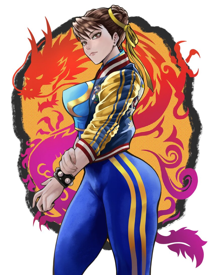 1girl black_hair blue_bodysuit bodysuit bracelet breasts brown_eyes brown_hair capcom chun-li double_bun earrings hair_bun highres jacket jewelry large_breasts looking_at_viewer multicolored_jacket open_clothes open_jacket screentones short_hair solo spiked_bracelet spikes street_fighter studded_bracelet to-ru unitard white_background