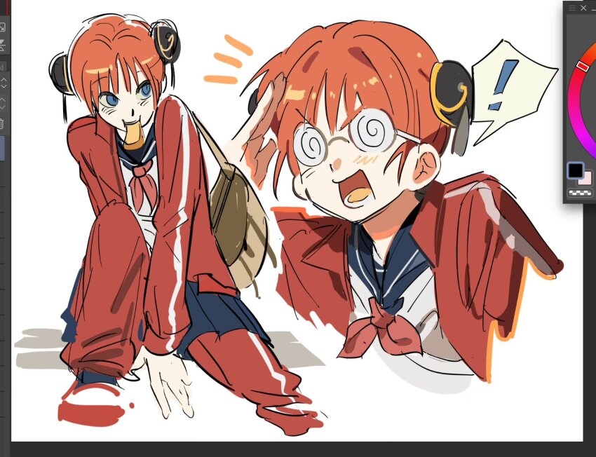 ! 1girl art_program_in_frame bag blue_eyes blue_sailor_collar blue_skirt blush bun_cover coke-bottle_glasses double_bun food_in_mouth gintama glasses hair_bun hair_ornament highres hxf_ls jacket kagura_(gintama) multiple_views neckerchief open_mouth orange_hair pants pleated_skirt red_jacket red_neckerchief red_pants sailor_collar salute school_uniform shirt short_hair shoulder_bag sitting sketch skirt spoken_exclamation_mark tassel tassel_hair_ornament track_jacket track_pants white_background white_shirt